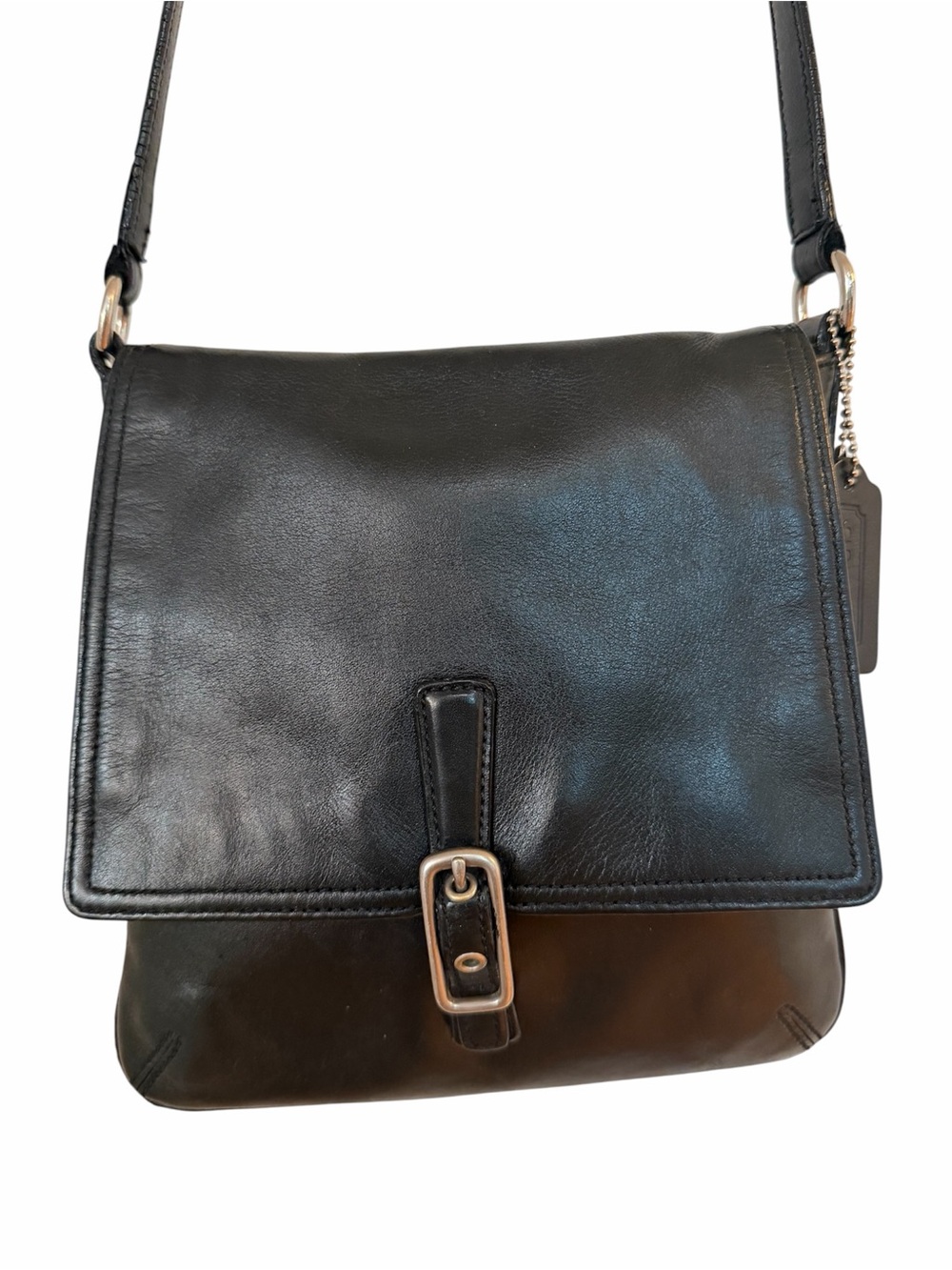 Coach Black Leather Flap Messenger Bag with Buckle Accent